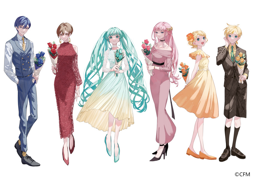 2boys, 4girls, alternate_costume, ankle_strap, aqua_dress, aqua_eyes, aqua_flower, aqua_footwear