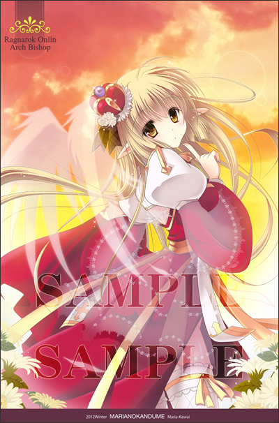 1girl, arch_bishop_(ragnarok_online), artist_name, bangs, blonde_hair, blush, comiket_83, commentary_request