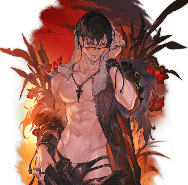 1boy, belial_(granblue_fantasy), black_hair, black_swimsuit, contrapposto, granblue_fantasy, jewelry, looking_at_viewer