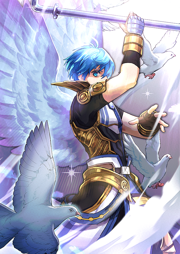 1boy, angel_wings, arm_up, azhi_kurage, bird, blue_eyes, blue_hair, dove, fayt_leingod, feathers, fingerless_gloves, gloves, holding, holding_weapon, industrial_pipe, looking_at_viewer, male_focus, official_alternate_costume, short_hair, star_ocean, star_ocean_anamnesis, star_ocean_till_the_end_of_time, weapon, wings