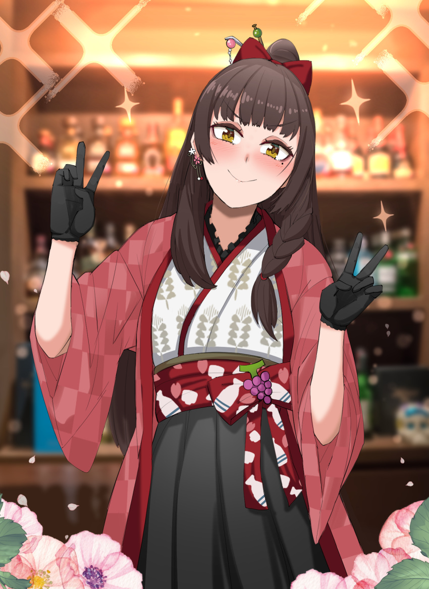 1girl, bangs, bar, black_skirt, blush, bow, brown_hair, buisen