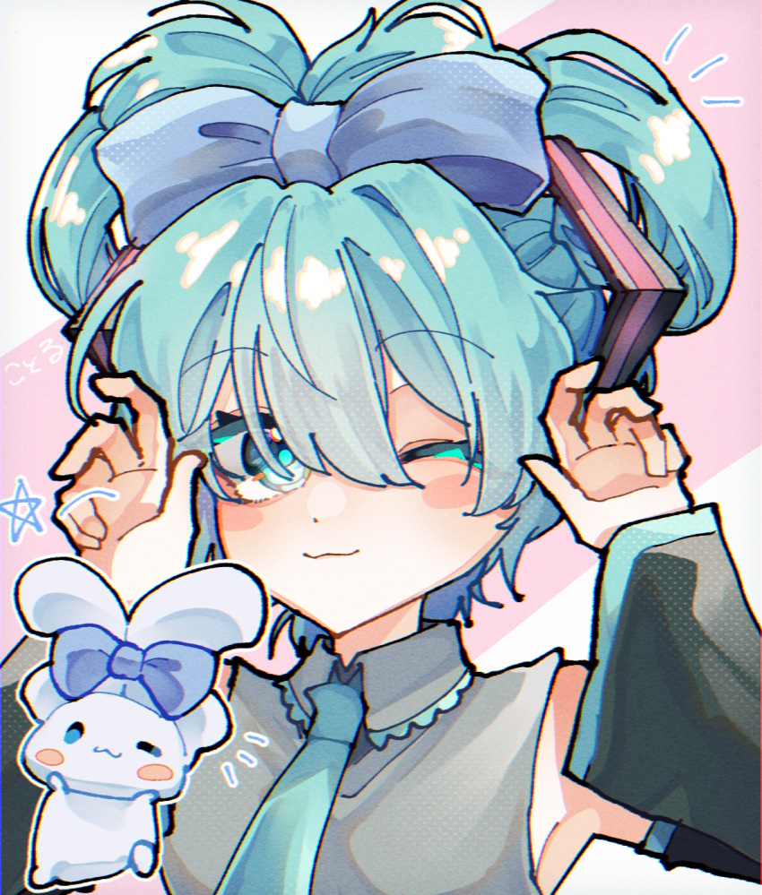 1girl, 1other, :3, aqua_necktie, bangs, bare_shoulders, black_sleeves, blue_bow, blue_eyes, blue_hair, blush, blush_stickers, bow, cinnamiku, cinnamoroll, collared_shirt, commentary, cotolu, detached_sleeves, grey_shirt, hair_bow, hair_ornament, hands_up, hatsune_miku, highres, looking_to_the_side, necktie, one_eye_closed, sanrio, shirt, sleeveless, sleeveless_shirt, smile, solo_focus, star_(symbol), upper_body, vocaloid