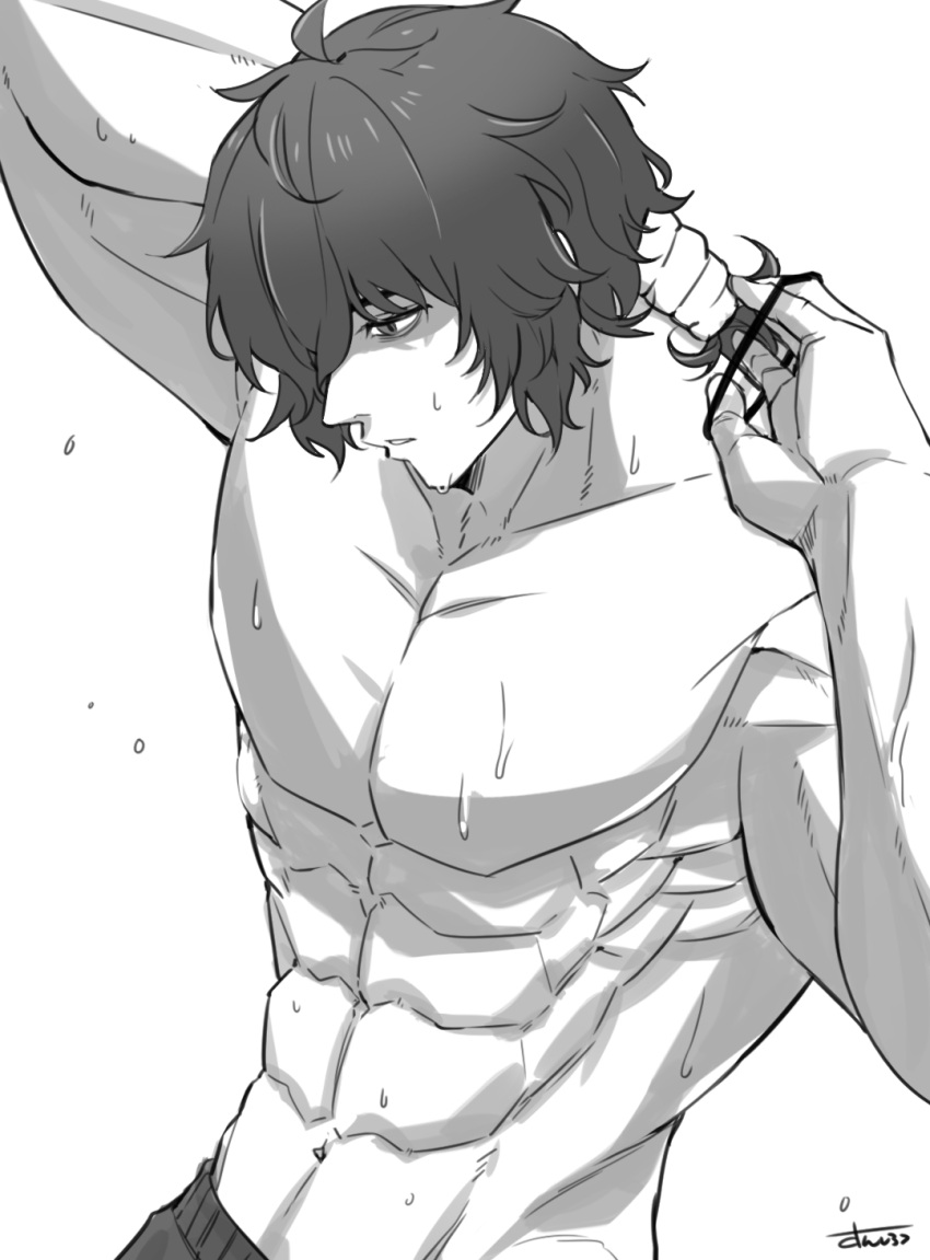 1boy, ahoge, arm_up, collarbone, dripping, grey_background, greyscale, hair_over_one_eye