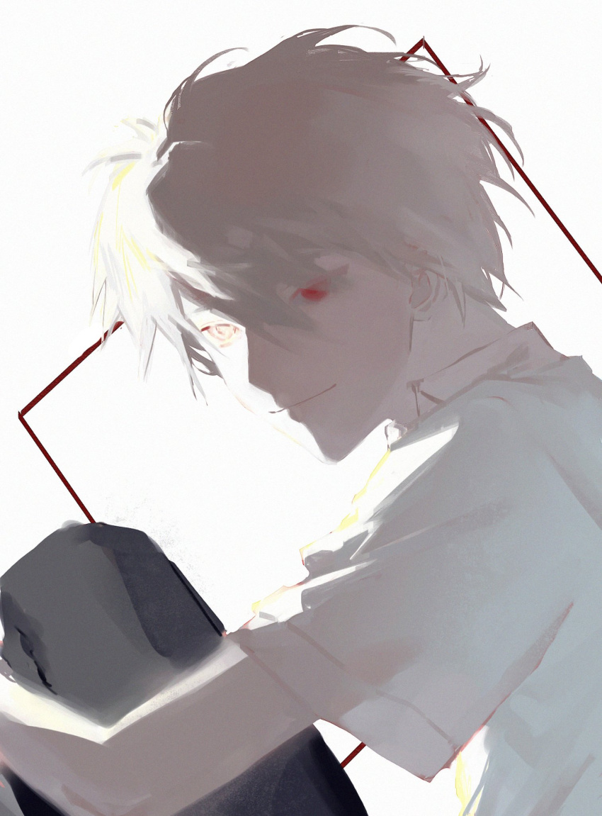 1boy, check_copyright, closed_mouth, copyright_request, grey_background, hair_between_eyes, heterochromia, highres