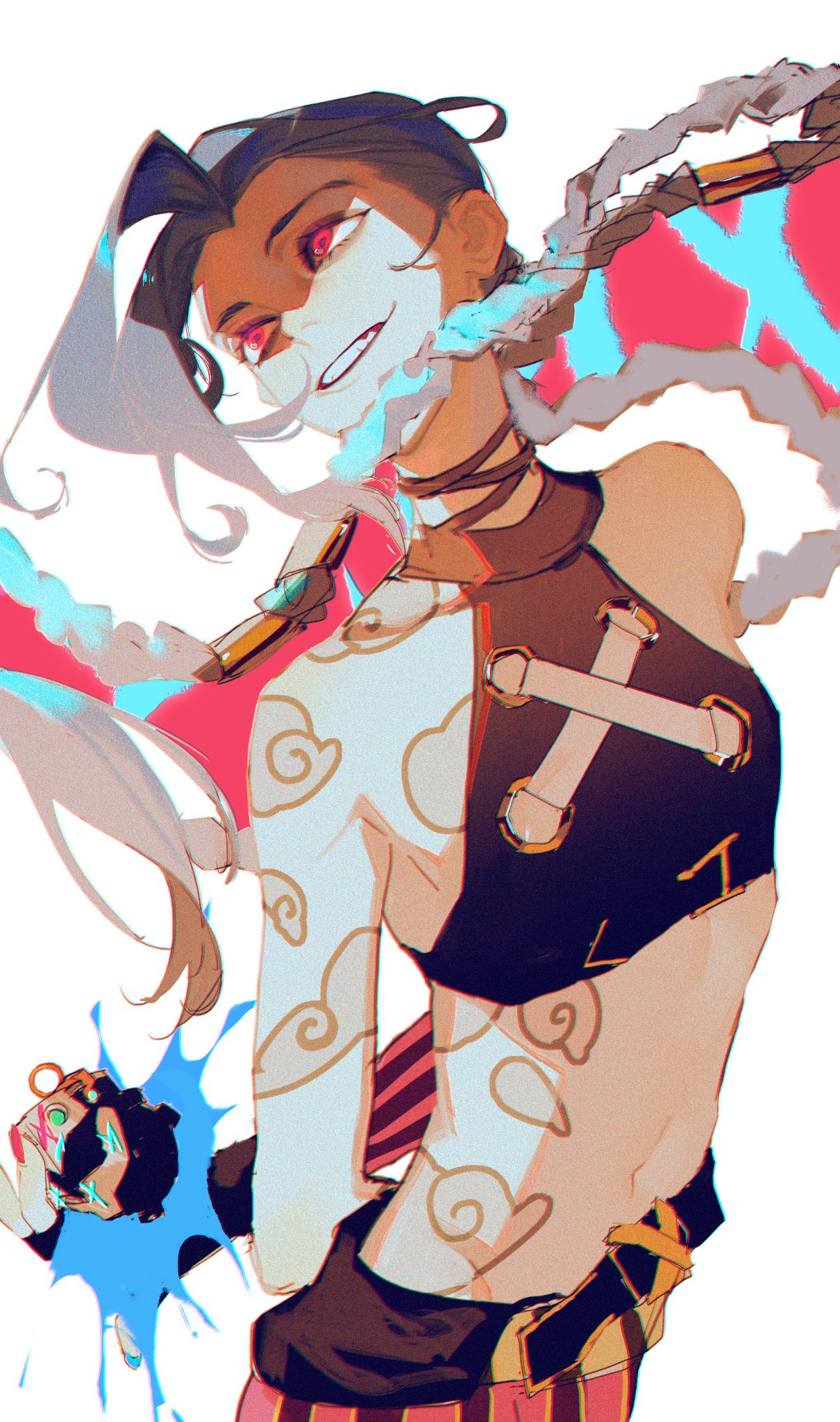 1girl, arcane:_league_of_legends, arm_tattoo, arms_behind_back, bare_shoulders, belt, black_gloves, blue_hair, blue_nails, braid, explosive, eyelashes, eyeshadow, film_grain, fingerless_gloves, fingernails, gloves, grenade, highres, holding, holding_grenade, jinx_(league_of_legends), league_of_legends, long_eyelashes, long_fingernails, long_hair, makeup, navel, parted_lips, perdrekisuru, pink_nails, red_eyes, shoulder_tattoo, smile, solo, stomach_tattoo, striped, tattoo, teeth, twintails, very_long_hair