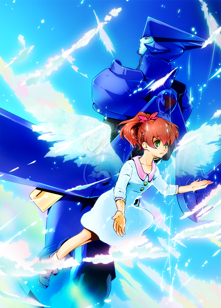 1boy, 1girl, android, asagi_marin, back-to-back, black_footwear, blue_skin, blue_sky
