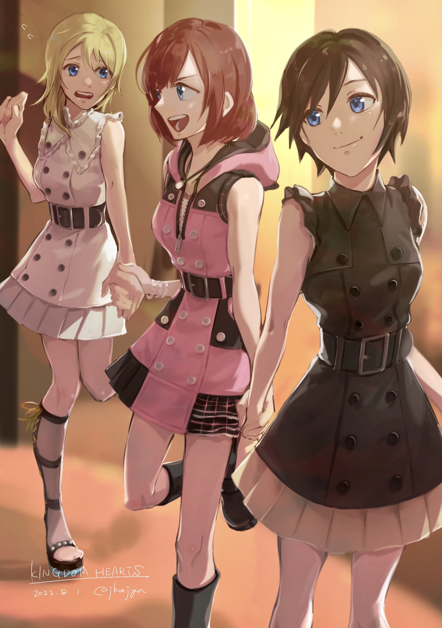 3girls, asymmetrical_bangs, bangs, belt, black_dress, black_hair, blonde_hair, blue_eyes, boots, bracelet, breasts, buttons, cowboy_shot, dated, dress, full_body, hair_between_eyes, hand_up, hashina_(jkmjyn), highres, holding_hands, hood, hood_down, hooded_dress, indoors, jewelry, kairi_(kingdom_hearts), kingdom_hearts, kingdom_hearts_iii, knee_boots, leg_up, medium_breasts, medium_hair, multiple_girls, namine, open_mouth, pink_dress, pleated_dress, redhead, short_dress, short_hair, sleeveless, sleeveless_dress, smile, teeth, twitter_username, upper_teeth, white_dress, xion_(kingdom_hearts)