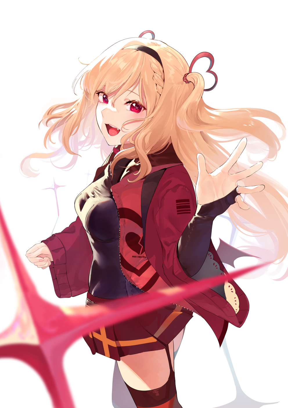 1girl, :d, aise_yuria, bangs, black_hairband, black_shirt, blonde_hair, blurry