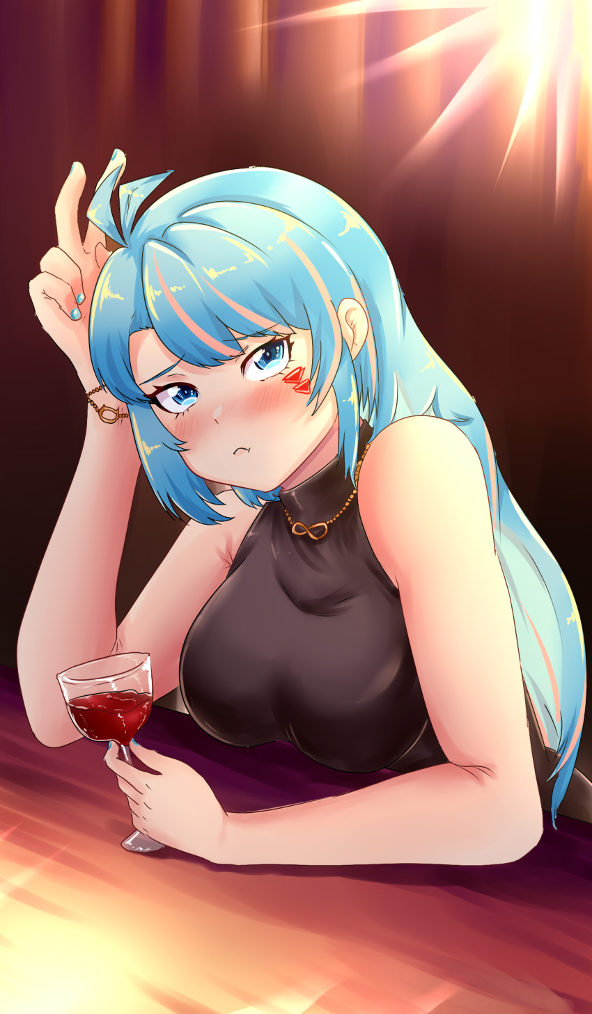 1girl, absurdres, alcohol, azura_cecillia, black_sweater, blue_eyes, blue_hair, blue_nails, breasts, cup, drinking_glass, hair_behind_ear, highres, holding, holding_cup, jewelry, kirainfo, long_hair, looking_at_viewer, medium_breasts, multicolored_hair, necklace, nijisanji, nijisanji_id, pink_hair, pout, solo, streaked_hair, sweater, v, virtual_youtuber, wine, wine_glass