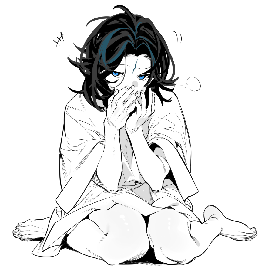 1boy, alternate_hair_length, alternate_hairstyle, bare_arms, bare_legs, barefoot, blue_eyes, blue_hair