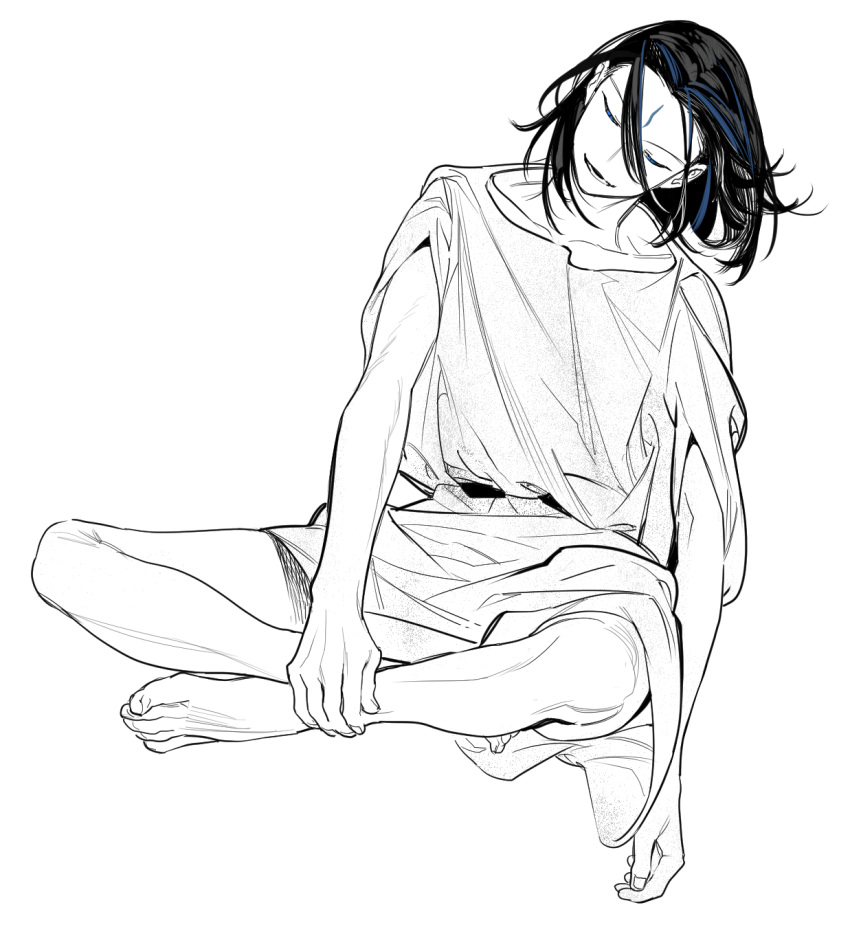 1boy, alternate_hair_length, alternate_hairstyle, bare_arms, bare_legs, barefoot, blue_hair, chiton