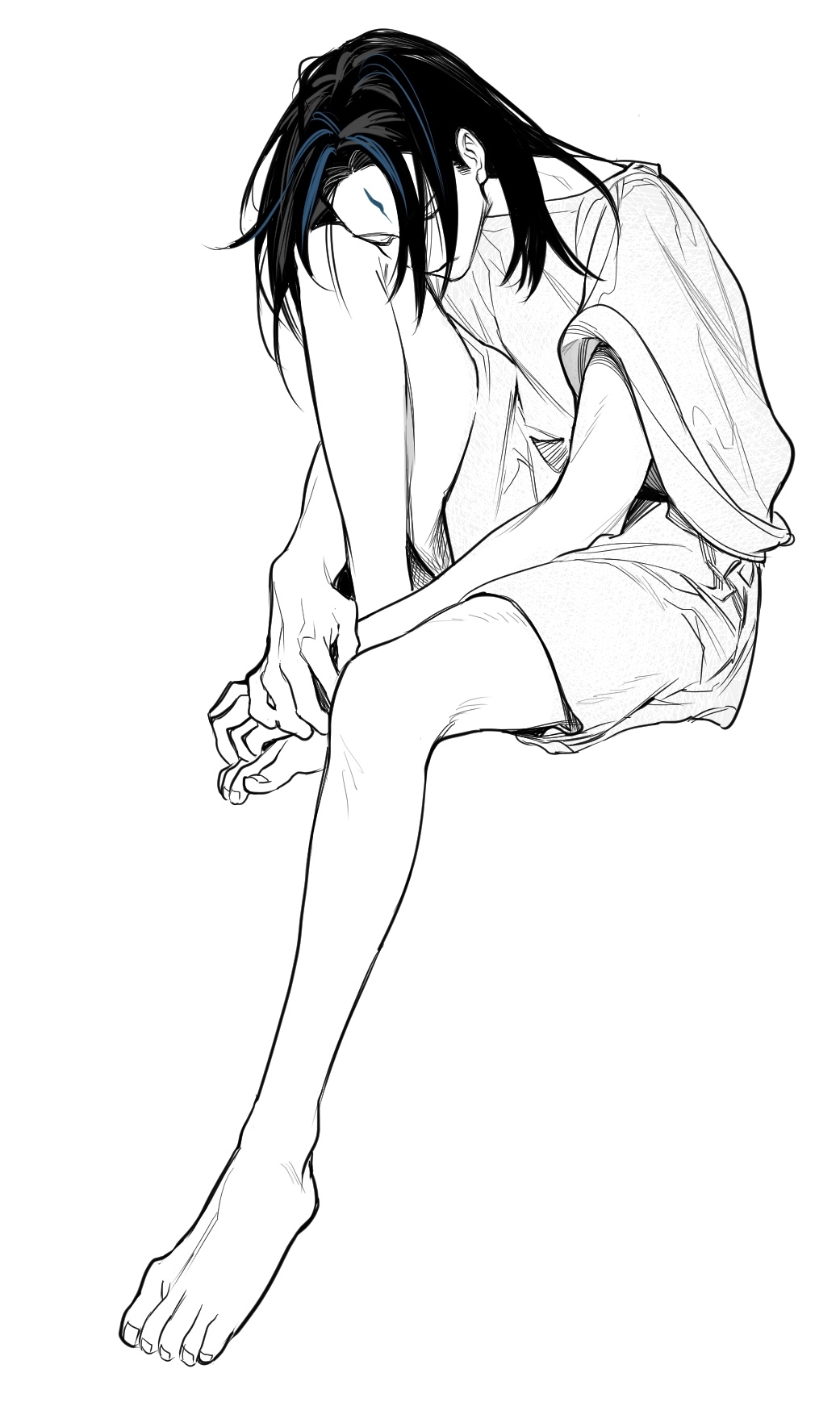 1boy, alternate_hair_length, alternate_hairstyle, bare_arms, bare_legs, barefoot, blue_hair, chiton