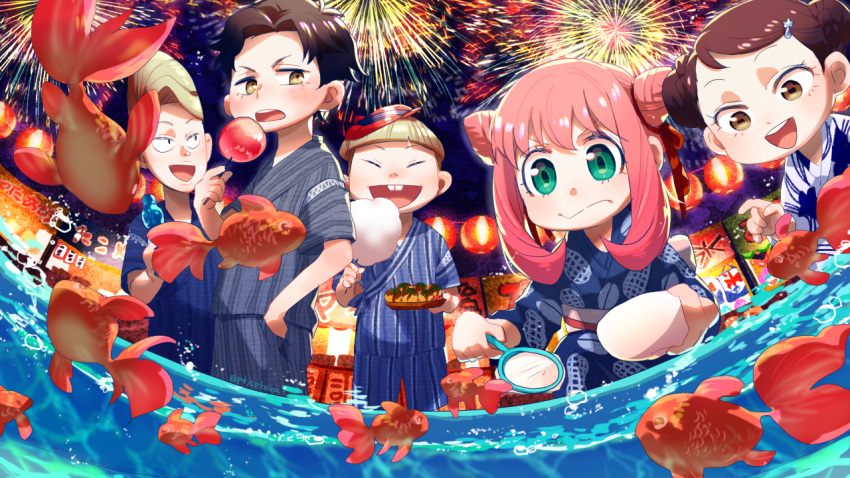 2girls, 3boys, alternate_costume, alternate_hairstyle, anya_(spy_x_family), becky_blackbell, bowl, buck_teeth