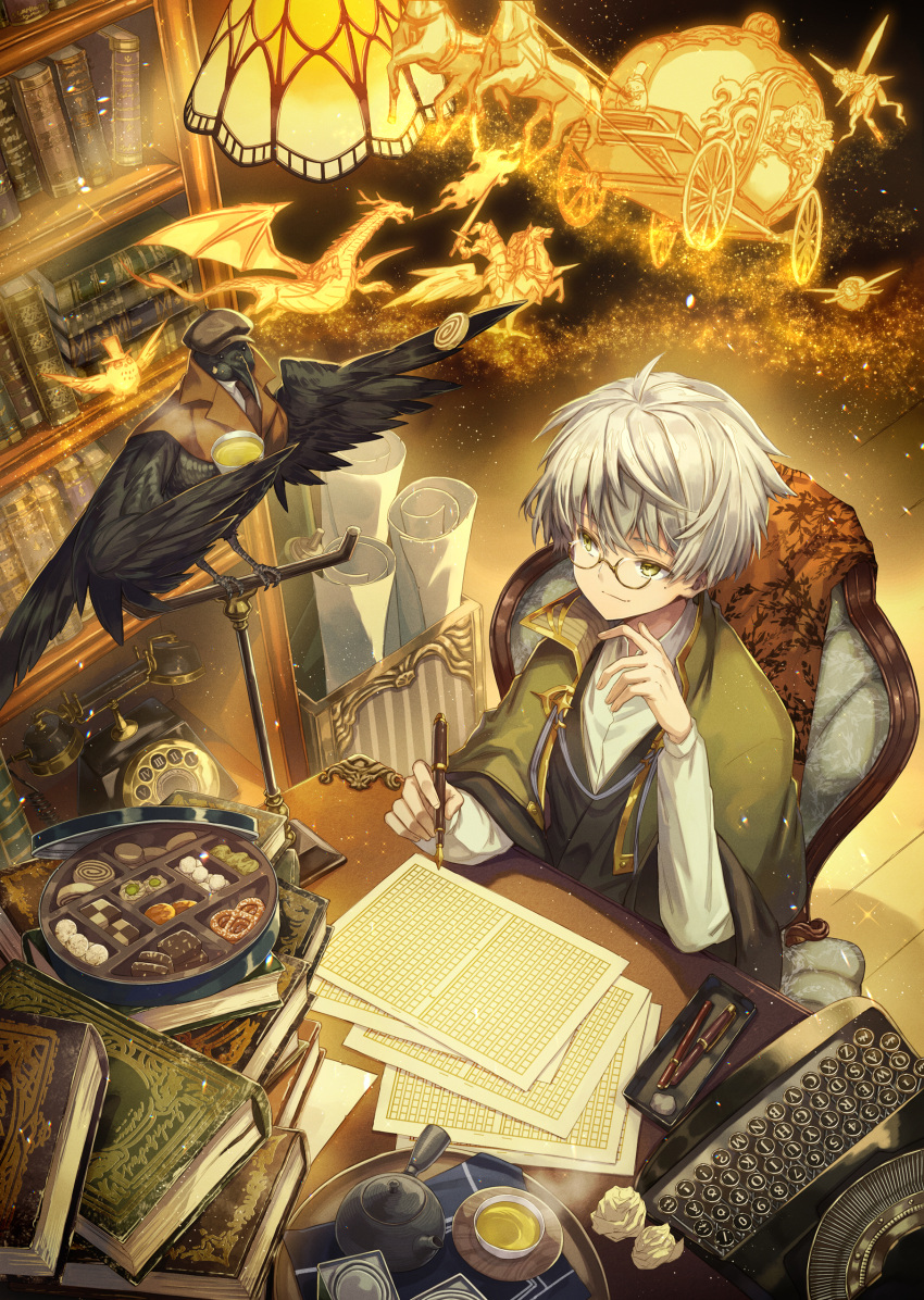 1boy, absurdres, animal, armchair, bird, bird_stand, black_kimono, book