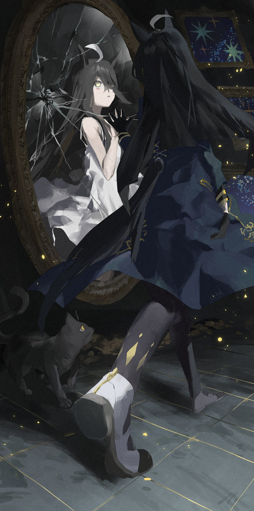 1girl, ahoge, animal_ears, bangs, black_cat, black_coat, black_gloves, black_hair, black_pantyhose, broken_mirror, cat, coat, different_reflection, dress, foreshortening, gloves, hand_on_glass, highres, horse_ears, horse_girl, horse_tail, jw_(p_p_pp_pp), long_hair, long_sleeves, manhattan_cafe_(umamusume), mirror, multicolored_hair, painting_(object), pantyhose, reflection, shoes, streaked_hair, tail, tile_floor, tiles, umamusume, walking, white_dress, yellow_eyes