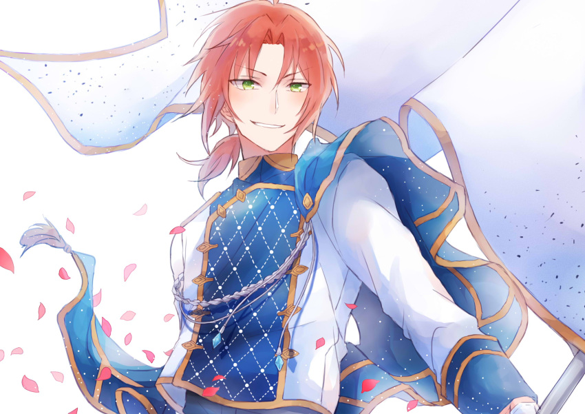 1boy, aiguillette, argyle, blue_cape, blue_jacket, cape, commentary, curtained_hair