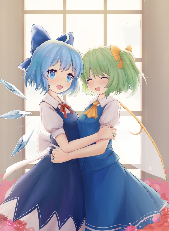 2girls, :d, ascot, bangs, blue_bow, blue_dress, blue_eyes, blue_hair, bow, cirno, closed_eyes, collared_shirt, daiyousei, dress, fairy_wings, from_side, god_mang, green_hair, hair_bow, hug, ice, ice_wings, indoors, looking_at_viewer, multiple_girls, open_mouth, pinafore_dress, shirt, short_hair, short_sleeves, side_ponytail, smile, standing, touhou, white_shirt, window, wings, yellow_ascot, yellow_bow
