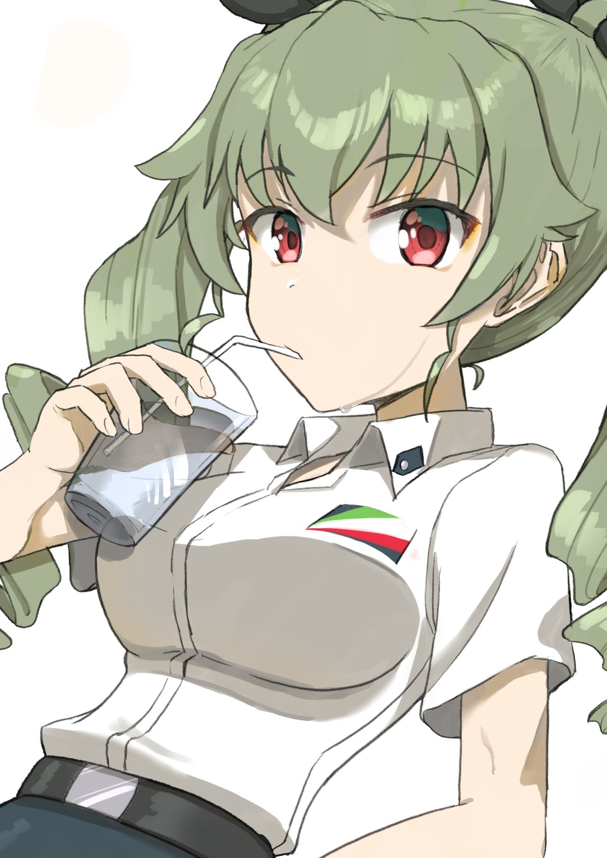 1girl, adapted_uniform, anchovy_(girls_und_panzer), anzio_school_uniform, belt, black_belt, black_ribbon, black_skirt, breasts, collared_shirt, cup, dress_shirt, drill_hair, drinking, emblem, girls_und_panzer, green_hair, hair_ribbon, highres, holding, holding_cup, large_breasts, long_hair, looking_at_viewer, red_eyes, ribbon, school_uniform, shirt, short_sleeves, simple_background, skirt, solo, twin_drills, twintails, white_background, white_shirt, wing_collar, yurifiss