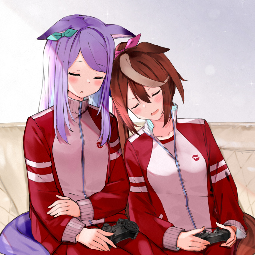 2girls, absurdres, animal_ears, bangs, blush, brown_hair, ear_ribbon, hair_ribbon