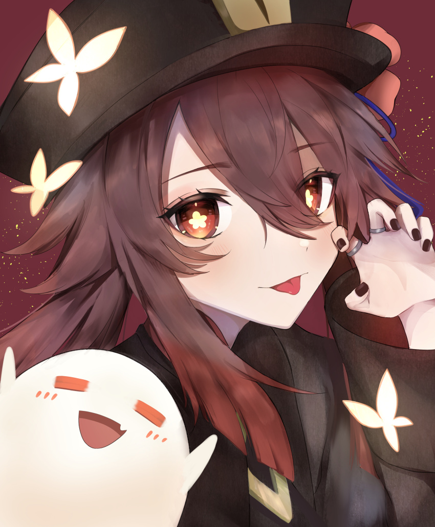 1girl, :p, absurdres, bangs, black_nails, blue_ribbon, brown_coat, brown_eyes, brown_hair, bug, butterfly, claw_pose, coat, collared_coat, colored_tips, commentary_request, eyes_visible_through_hair, flower, flower-shaped_pupils, genshin_impact, ghost, hair_between_eyes, hair_over_one_eye, hat, hat_flower, hat_ribbon, highres, hu_tao_(genshin_impact), jewelry, long_hair, looking_at_viewer, multicolored_hair, pel, porkpie_hat, red_background, redhead, ribbon, ring, sleeves_past_elbows, solo, symbol-shaped_pupils, talisman, tongue, tongue_out, two-tone_hair, upper_body, wide_sleeves, yellow_butterfly
