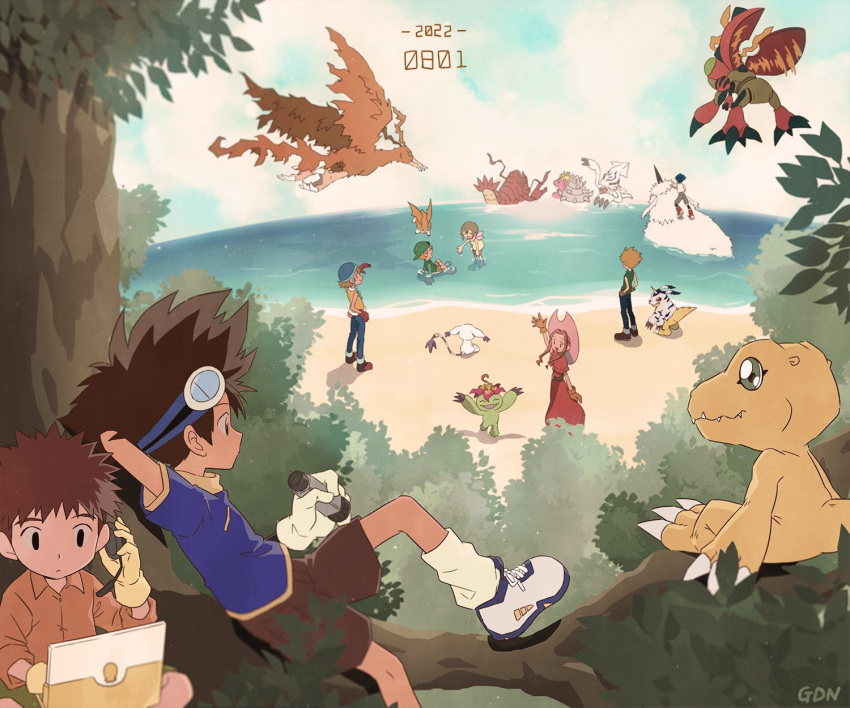 3girls, 5boys, agumon, arm_up, bangs, beach, bird, birdramon