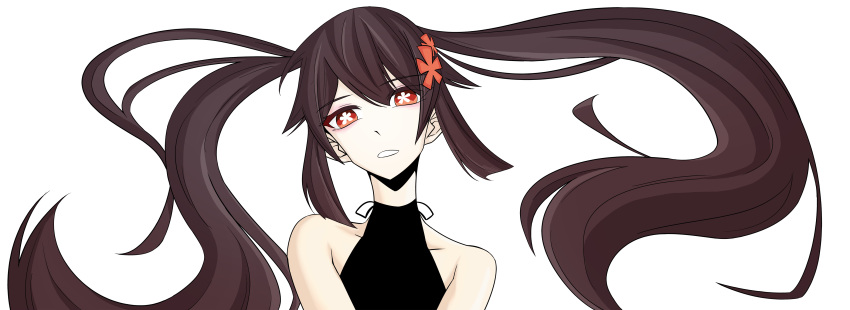 absurdres, brown_hair, close-up, collarbone, flower, flower-shaped_pupils, genshin_impact, getcha!_(vocaloid), hair_flower, hair_ornament, headshot, highres, hu_tao_(genshin_impact), non-web_source, red_eyes, symbol-shaped_pupils, turtleneck, twintails