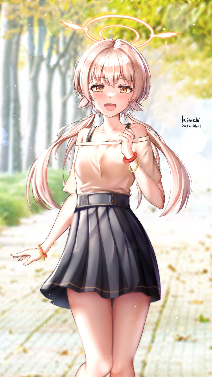 1girl, :d, absurdres, artist_name, bangle, bangs, bare_shoulders, black_skirt