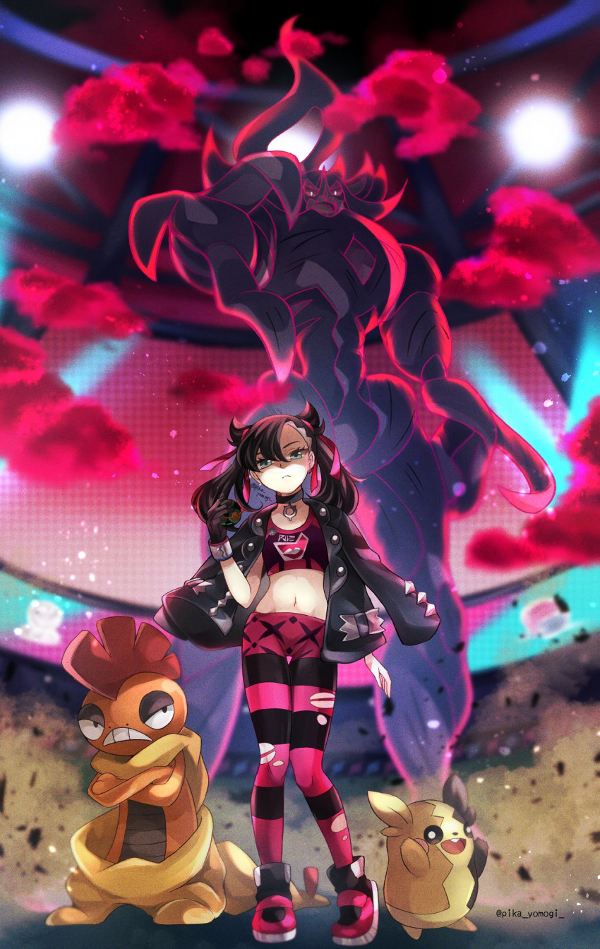 1girl, black_choker, black_gloves, black_hair, black_jacket, choker, closed_mouth, dusk_ball