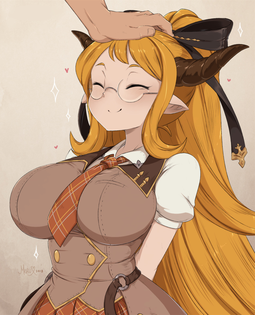 1girl, arms_behind_back, between_breasts, black_bow, blonde_hair, bow, breasts, brown_horns