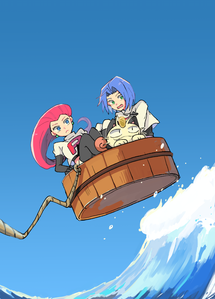 1boy, 1girl, atsumi_yoshioka, barrel, black_gloves, blue_background, blue_eyes, blue_hair