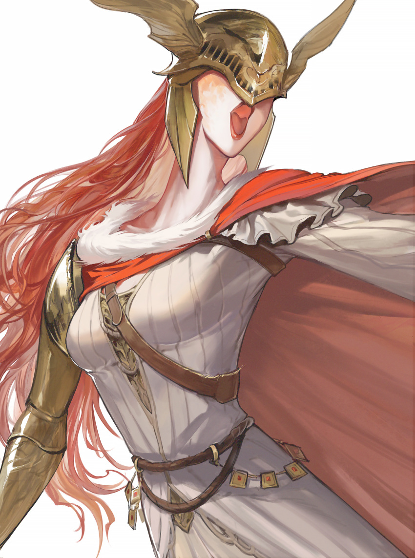 1girl, absurdres, armor, breasts, cape, cho_(chorion), covered_eyes, dress
