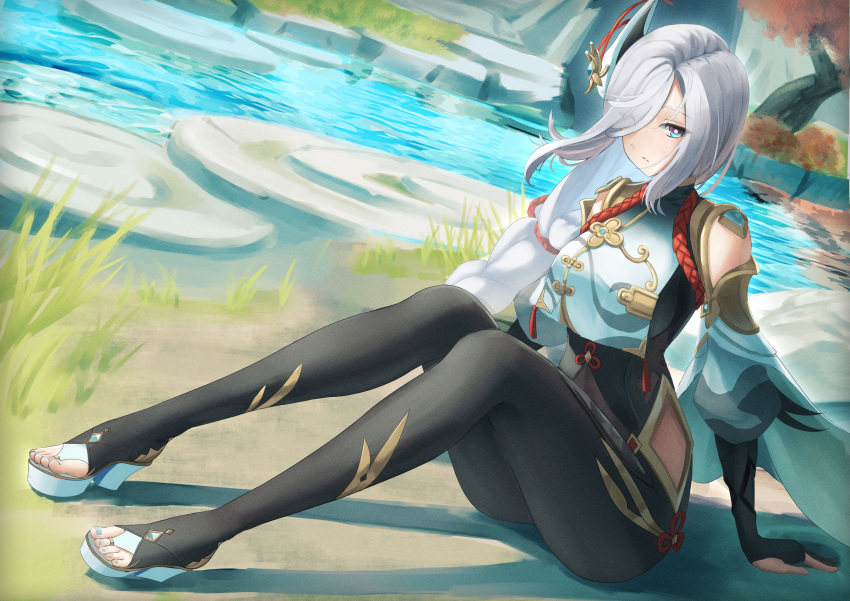 1girl, absurdres, bangs, black_bodysuit, black_gloves, blue_eyes, bodysuit, braid, braided_ponytail, breast_curtain, breasts, bridal_gauntlets, clothing_cutout, earrings, elbow_gloves, expressionless, genshin_impact, gloves, gold_trim, gradient_eyes, grey_hair, hair_ornament, hair_over_one_eye, high_heels, highres, hip_vent, jewelry, jin_lia, kuji-in, large_breasts, long_hair, multicolored_eyes, nail_polish, one_eye_covered, outdoors, partially_fingerless_gloves, river, shenhe_(genshin_impact), shoulder_cutout, sidelocks, sitting, skin_tight, solo, tassel, tassel_earrings, toeless_footwear, toenail_polish, toenails, very_long_hair