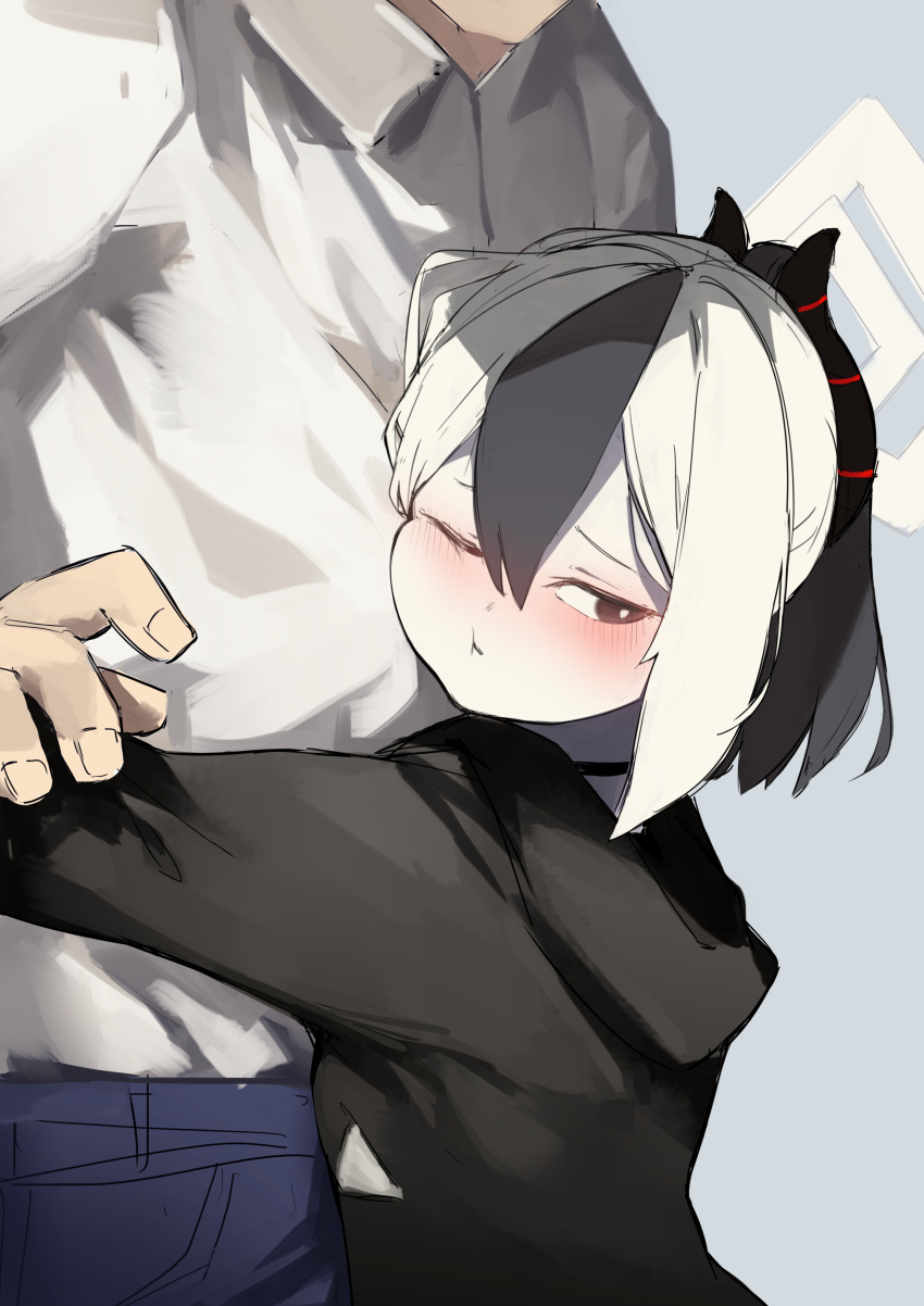 1boy, 1girl, absurdres, black_hair, blue_archive, blush, cheek_press, choker, demon_girl, dress_shirt, halo, height_difference, highres, hood, hoodie, horns, hudp8854, hug, kayoko_(blue_archive), looking_away, multicolored_hair, pants, ponytail, red_eyes, sensei_(blue_archive), shirt, two-tone_hair, white_hair