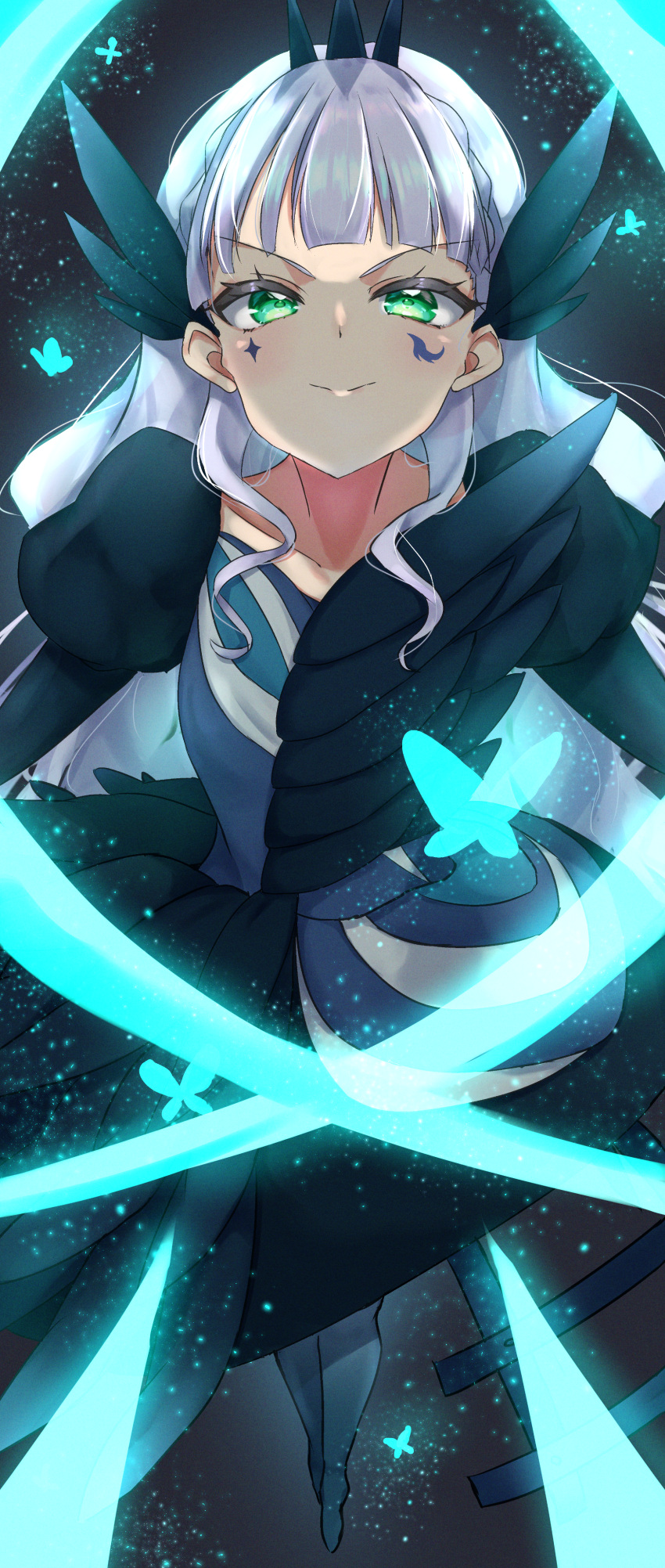 1girl, absurdres, bangs, black_dress, blue_butterfly, blunt_bangs, bug, butterfly