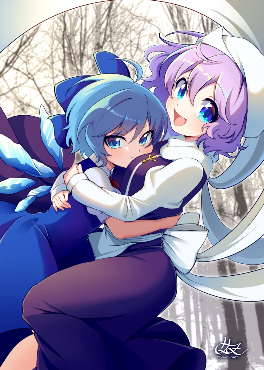 2girls, :d, ahoge, apron, back_bow, bad_id, bangs, blue_bow, blue_dress, blue_hair, blush, bow, cirno, closed_mouth, collared_shirt, commentary, dress, emoriza, feet_out_of_frame, hair_bow, hat, highres, hug, ice, ice_wings, juliet_sleeves, letty_whiterock, long_sleeves, looking_at_viewer, medium_hair, mob_cap, multiple_girls, open_mouth, photo_background, pout, puffy_sleeves, purple_dress, purple_hair, red_ribbon, ribbon, scarf, shirt, short_sleeves, signature, smile, touhou, trident_ornament, turtleneck, twitter_username, v-shaped_eyebrows, white_apron, white_headwear, white_scarf, white_shirt, wings, winter