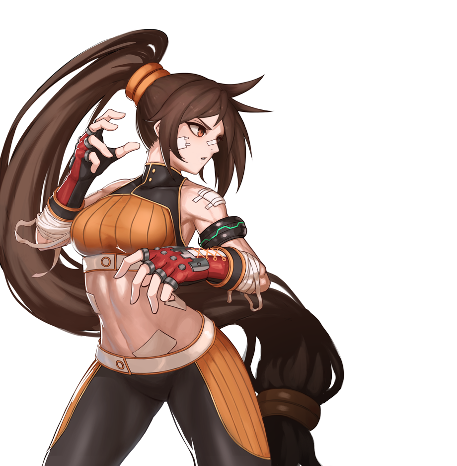 1girl, arc2urus, arm_wrap, armlet, bandaid, bandaid_on_cheek, bandaid_on_face, bandaid_on_stomach, black_gloves, breasts, brown_eyes, brown_hair, brown_pants, commentary, covered_collarbone, cowboy_shot, crop_top, dnf_duel, dungeon_and_fighter, english_commentary, fighter_(dungeon_and_fighter), fighting_stance, fingerless_gloves, floating_hair, gloves, halter_top, halterneck, hand_up, high_ponytail, long_hair, looking_away, looking_to_the_side, midriff, muscular, muscular_female, navel, orange_shirt, pants, parted_lips, ponytail, red_gloves, ring_hair_ornament, shirt, sidelocks, simple_background, sleeveless, sleeveless_shirt, small_breasts, solo, standing, stomach, striker_(dungeon_and_fighter), very_long_hair, white_background
