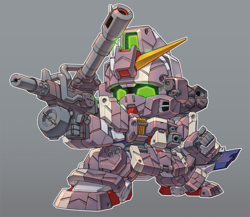 chibi, clenched_hand, green_eyes, ground_gundam, gun, gundam, gundam_08th_ms_team, holding, holding_gun, holding_weapon, mecha, radio_antenna, redesign, robot, science_fiction, shoulder_cannon, solo, susagane, v-fin, weapon