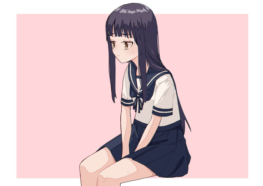 1girl, bangs, black_hair, blue_sailor_collar, blue_skirt, blunt_bangs, brown_eyes, cowboy_shot