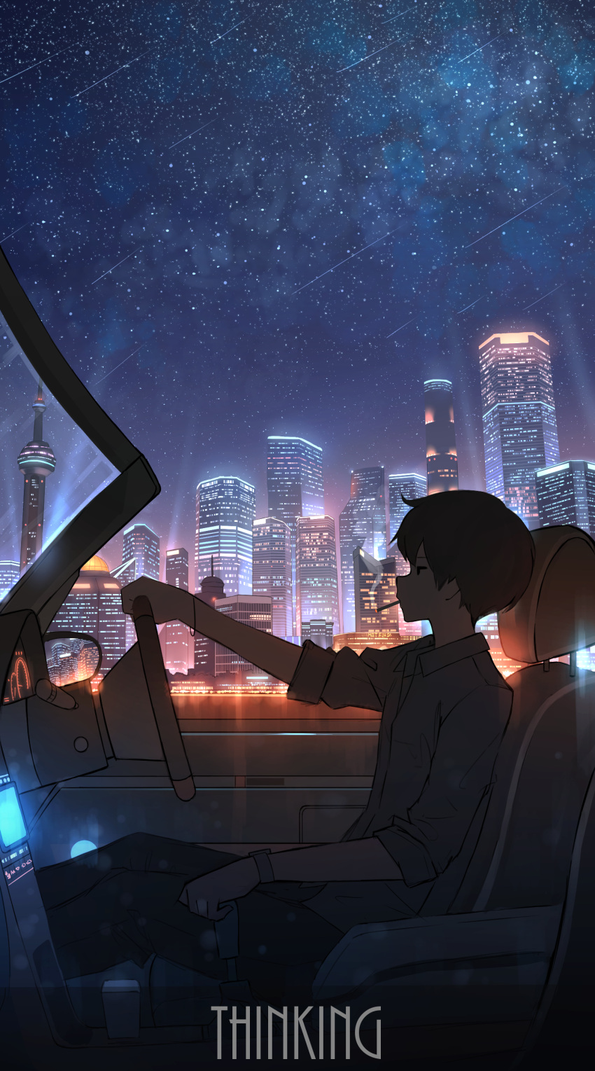 1boy, absurdres, bangs, black_hair, building, car, cigarette, city