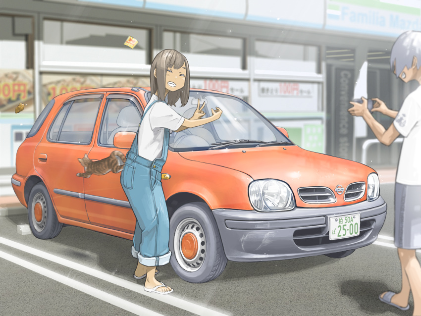 1boy, 1girl, animal, blurry, brown_hair, car, cat, cellphone
