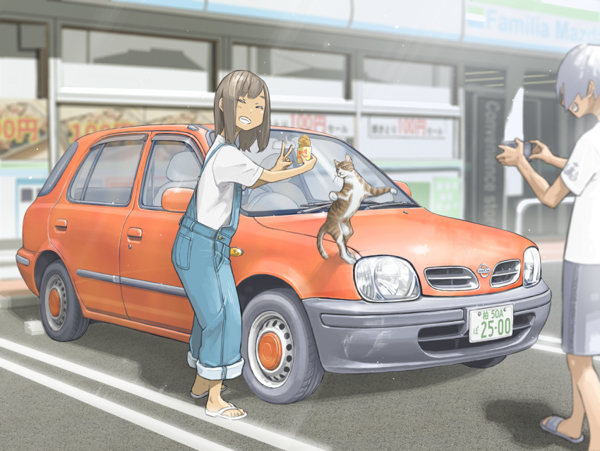 1boy, 1girl, animal, blurry, brown_hair, car, cat, cellphone