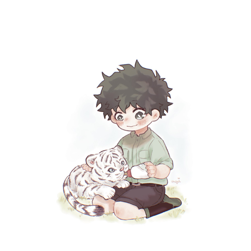 1boy, animal, aqistory, belt, black_footwear, black_shorts, blush, boku_no_hero_academia