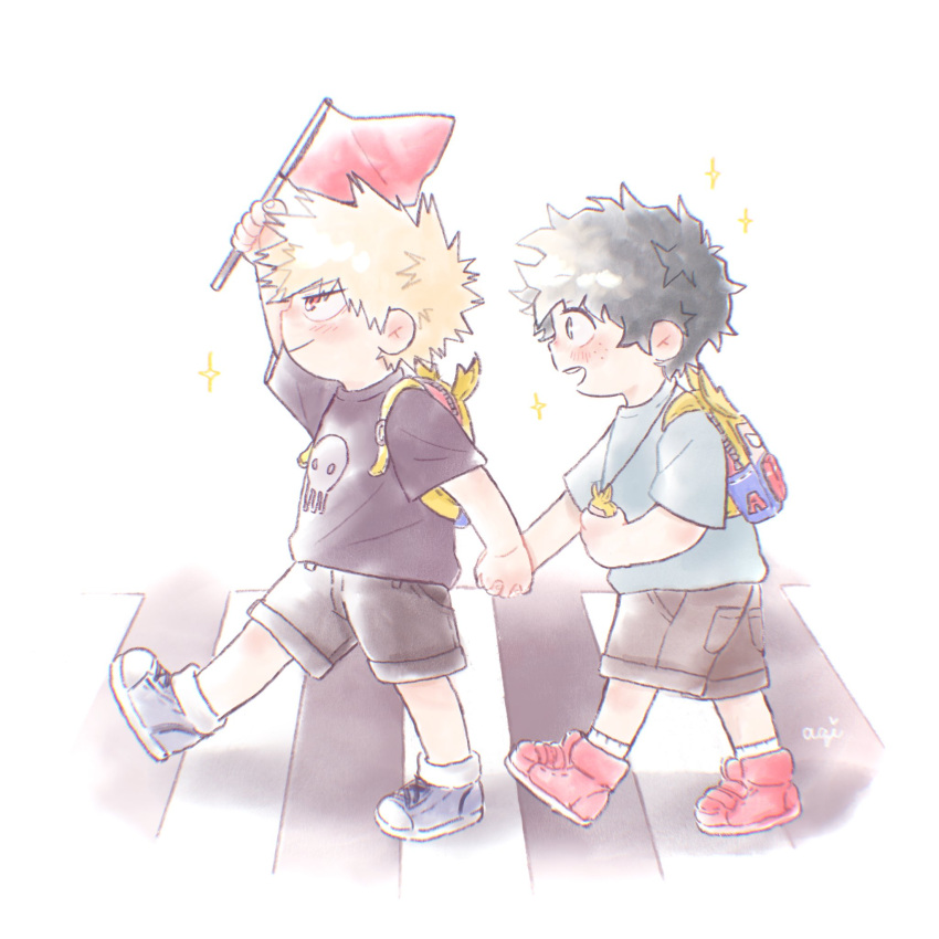 2boys, aqistory, backpack, bag, bakugou_katsuki, black_shirt, blonde_hair, blue_footwear