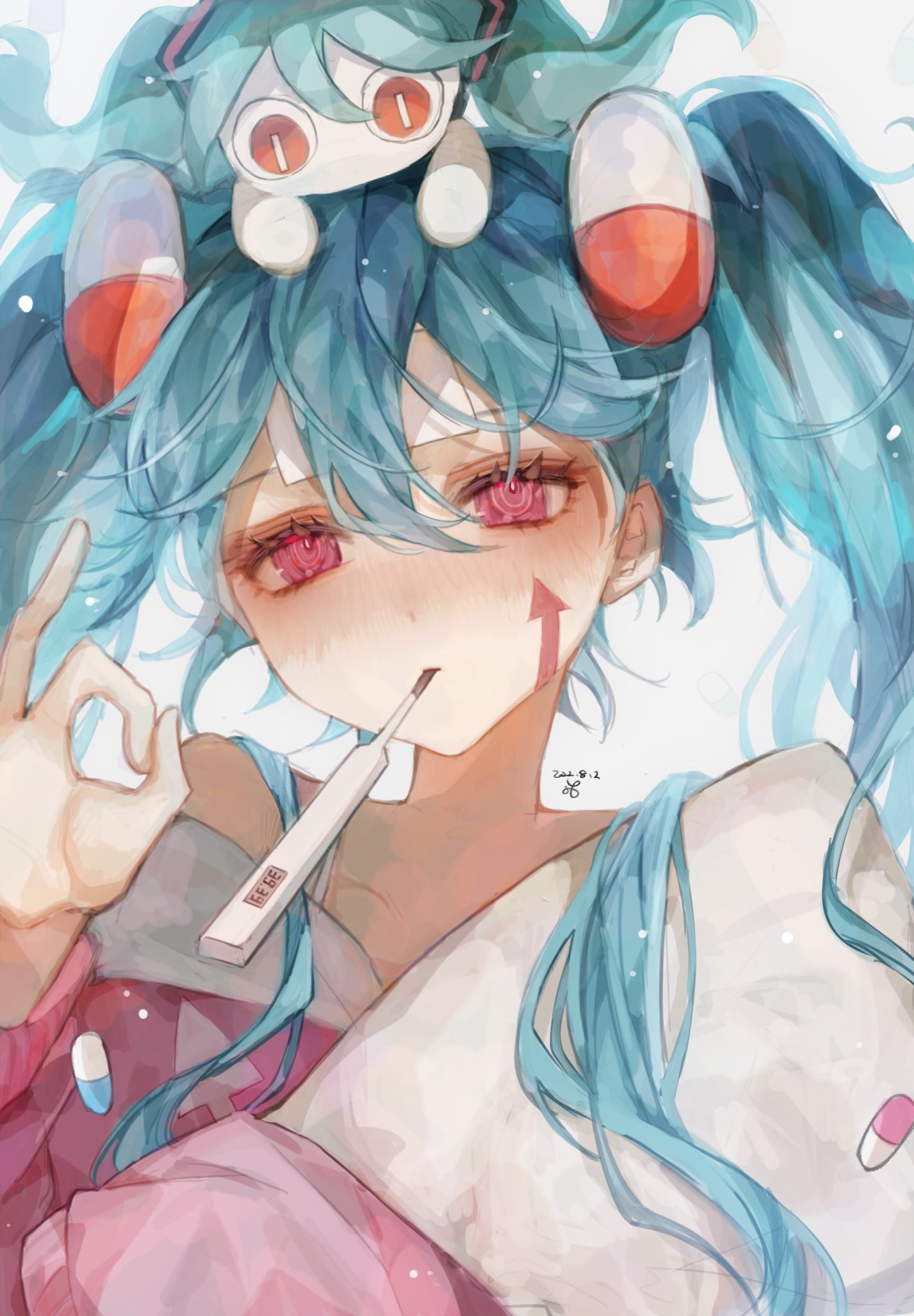 1girl, aqua_hair, arrow_print, bangs, blue_hair, blush, commentary, dated