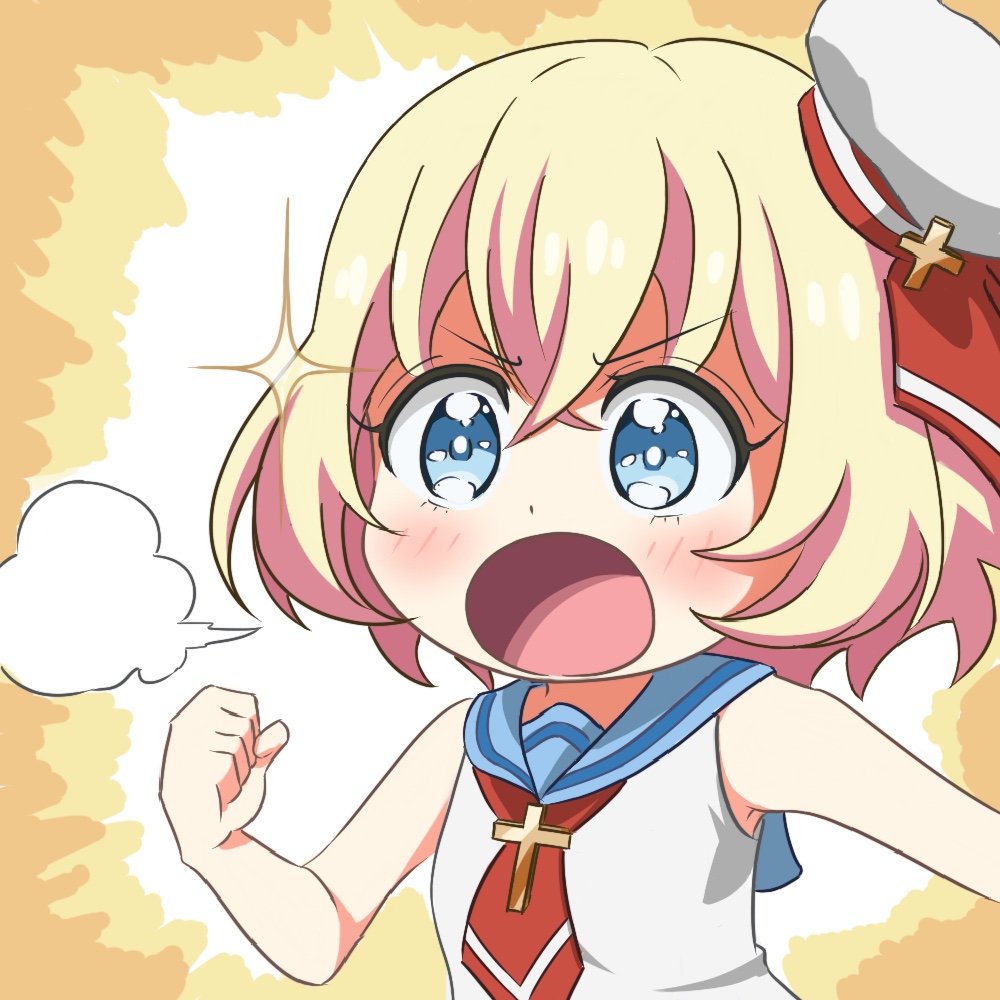 1girl, :o, blonde_hair, blue_eyes, hat, isakuns, jashin-chan_dropkick, lierre