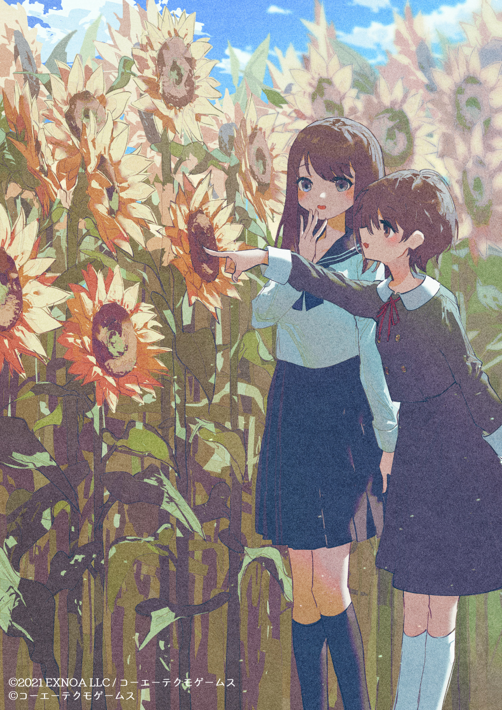 2girls, bangs, black_hair, black_sailor_collar, black_shirt, black_skirt, black_socks, blue_eyes