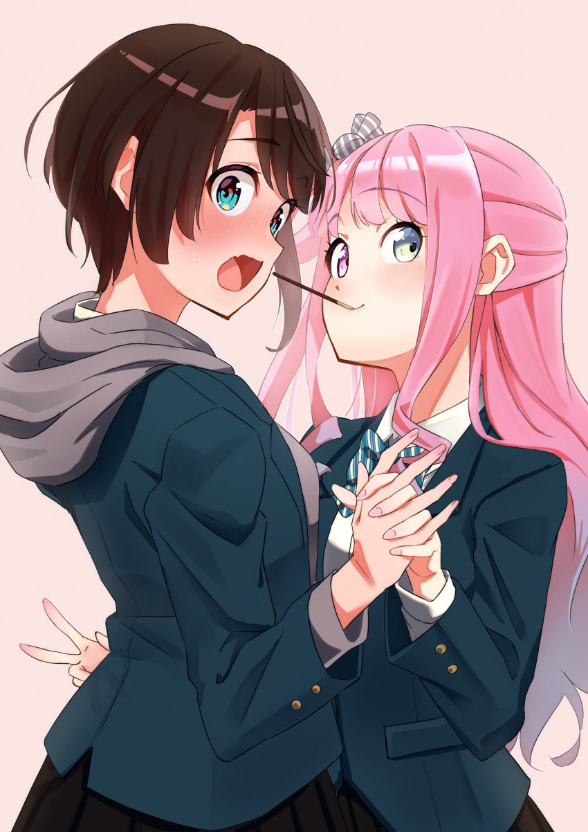2girls, 5to_rai, alternate_costume, black_skirt, blazer, blue_bow, blue_bowtie, blue_eyes