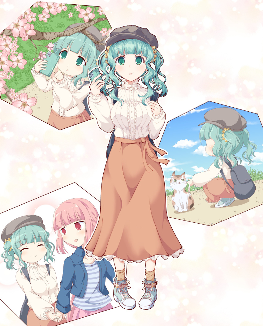 2girls, :d, absurdres, alternate_costume, aqua_eyes, aqua_hair, bangs, beret