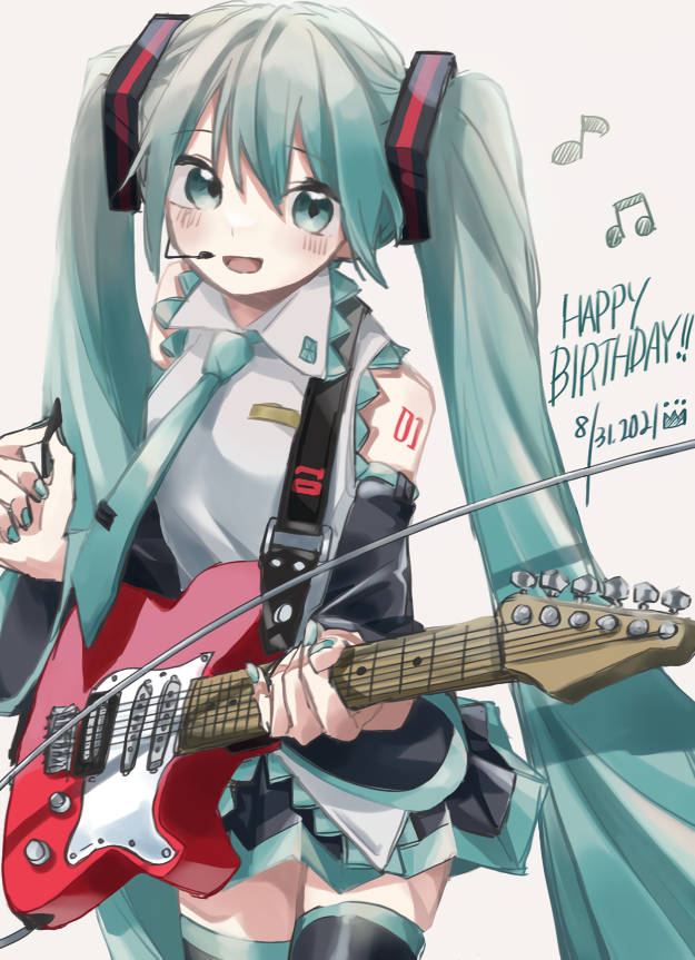 1girl, aqua_eyes, aqua_hair, bangs, black_skirt, blush, detached_sleeves, guitar, hair_ornament, hatsune_miku, holding, holding_instrument, instrument, long_hair, nail_polish, necktie, open_mouth, plectrum, poncha_(fks), simple_background, skirt, thigh-highs, twintails, very_long_hair, vocaloid, zettai_ryouiki