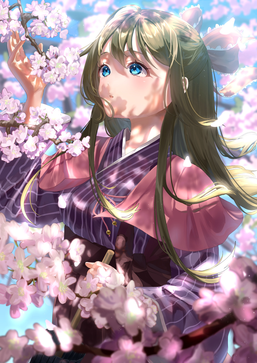 1girl, :o, absurdres, bangs, blue_eyes, blurry, bow, brown_hair